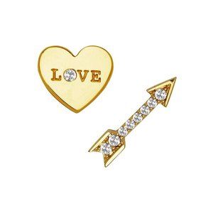 14K Solid Gold Heart And Arrow Stud Screw Back Earrings Set With Sparkling Stone